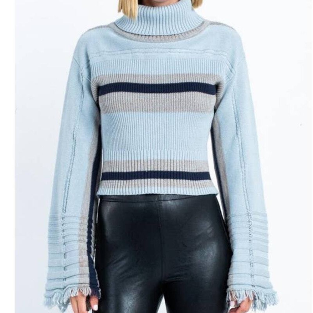 Skylar + Madison Striped‎ Fringe Turtleneck Sweater Cropped Bell Sleeve Womens S